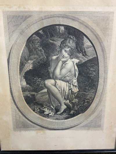 Gravure XIXe à la jeune femme titrée "Il n'est plus temps" Bouillon / Audouin