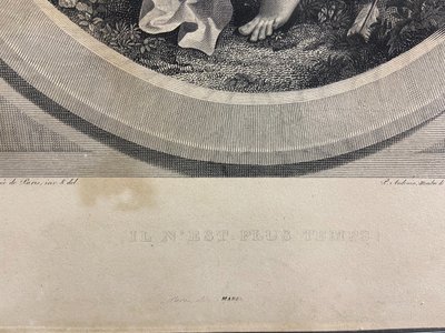 Gravure XIXe à la jeune femme titrée "Il n'est plus temps" Bouillon / Audouin