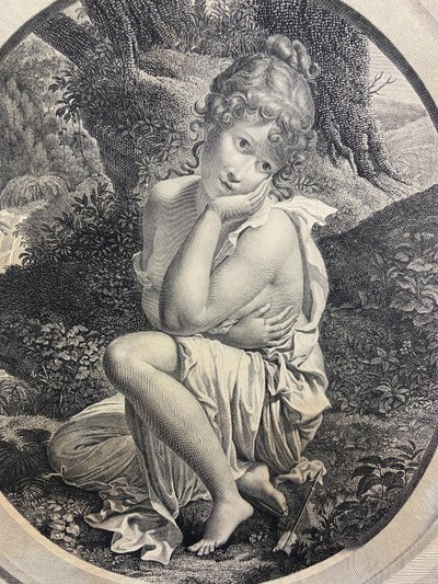 Gravure XIXe à la jeune femme titrée "Il n'est plus temps" Bouillon / Audouin