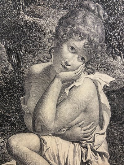Gravure XIXe à la jeune femme titrée "Il n'est plus temps" Bouillon / Audouin