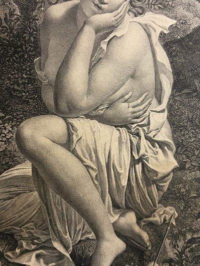 Gravure XIXe à la jeune femme titrée "Il n'est plus temps" Bouillon / Audouin