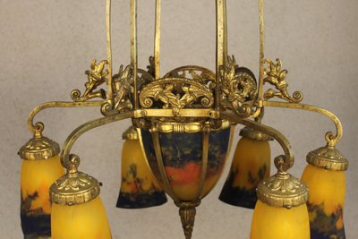 Bronze and pâte de verre chandelier signed Muller frères in Lunéville Art Deco period 7 lights