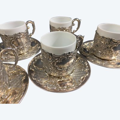 Suite di 6 coppe e 6 piattini in argento massiccio in stile Regency