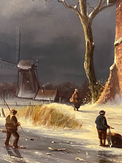 Enorme olio su tela di scuola olandese con paesaggio invernale 164 x 132