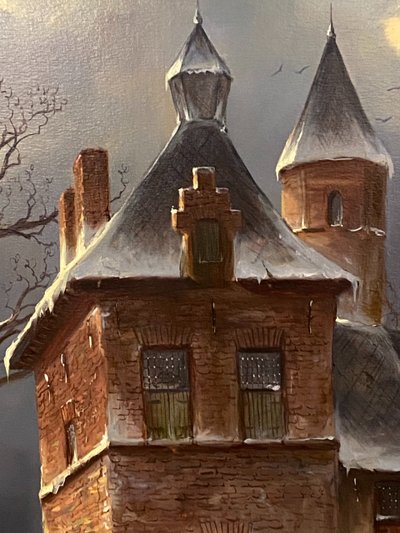 Enorme olio su tela di scuola olandese con paesaggio invernale 164 x 132