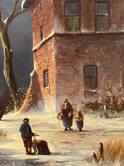 Enorme olio su tela di scuola olandese con paesaggio invernale 164 x 132
