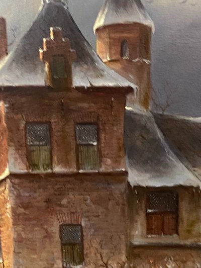 Enorme olio su tela di scuola olandese con paesaggio invernale 164 x 132