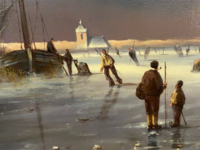 Enorme olio su tela di scuola olandese con paesaggio invernale 164 x 132