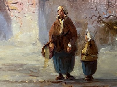 Enorme olio su tela di scuola olandese con paesaggio invernale 164 x 132
