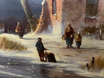 Enorme olio su tela di scuola olandese con paesaggio invernale 164 x 132