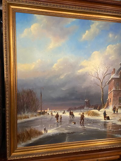 Enorme olio su tela di scuola olandese con paesaggio invernale 164 x 132