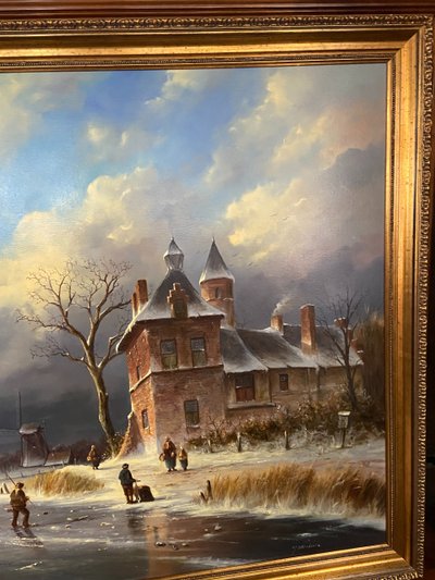 Enorme olio su tela di scuola olandese con paesaggio invernale 164 x 132
