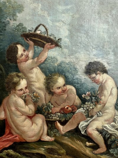DIPINTO DI FALEGNAMERIA / PIANO DELLA PORTA / OLIO SU TELA CON DECORAZIONE DI PUTTI