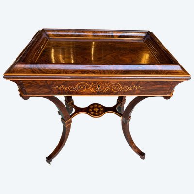 Tavolo con piedistallo d'epoca Carlo X in palissandro e intarsio di legno chiaro