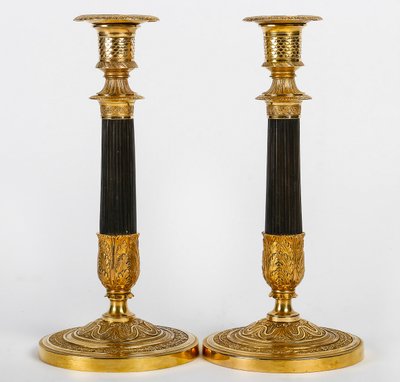 Pair of Empire Period Patinated and Gilt Bronze Candlesticks Mounted as lamps circa 1810