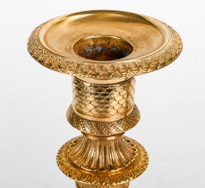 Pair of Empire Period Patinated and Gilt Bronze Candlesticks Mounted as lamps circa 1810