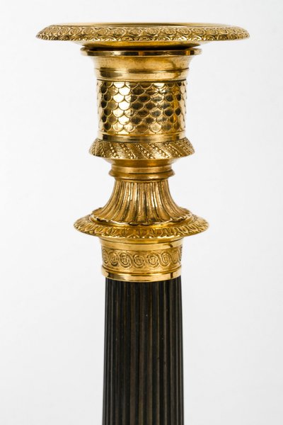 Pair of Empire Period Patinated and Gilt Bronze Candlesticks Mounted as lamps circa 1810