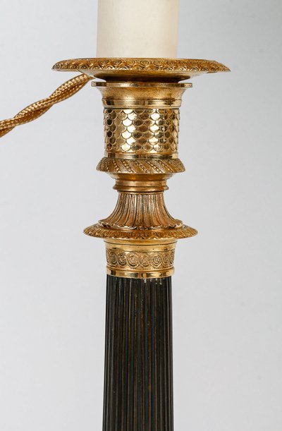 Pair of Empire Period Patinated and Gilt Bronze Candlesticks Mounted as lamps circa 1810