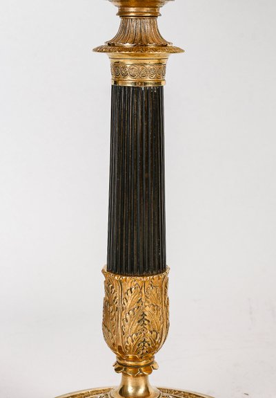 Pair of Empire Period Patinated and Gilt Bronze Candlesticks Mounted as lamps circa 1810