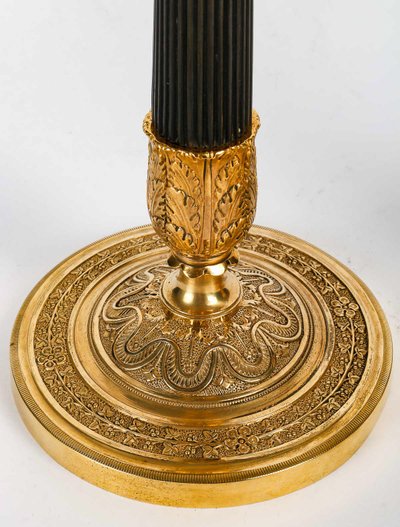Pair of Empire Period Patinated and Gilt Bronze Candlesticks Mounted as lamps circa 1810