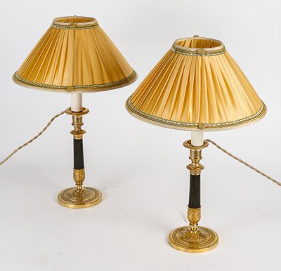 Pair of Empire Period Patinated and Gilt Bronze Candlesticks Mounted as lamps circa 1810
