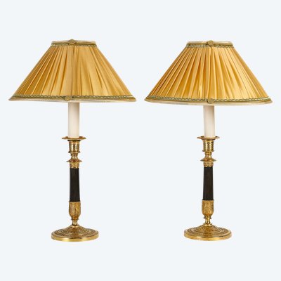 Pair of Empire Period Patinated and Gilt Bronze Candlesticks Mounted as lamps circa 1810