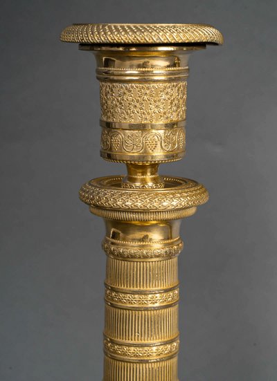 Pair of Empire Period Patinated and Gilt Bronze Candlesticks Mounted as lamps circa 1810