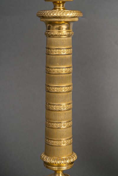 Pair of Empire Period Patinated and Gilt Bronze Candlesticks Mounted as lamps circa 1810