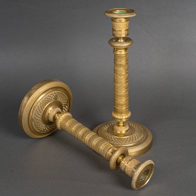 Pair of Empire Period Patinated and Gilt Bronze Candlesticks Mounted as lamps circa 1810