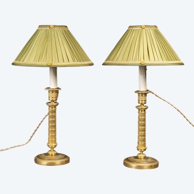 Pair of Empire Period Patinated and Gilt Bronze Candlesticks Mounted as lamps circa 1810