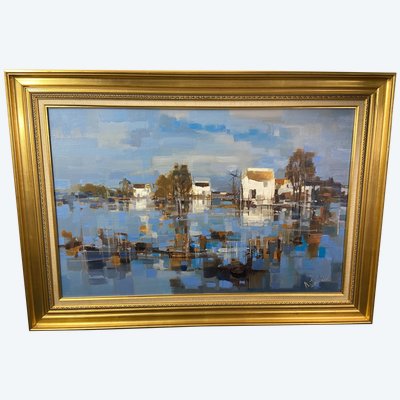 Large painting oil on canvas Camargue landscape signed Roger QUINTAINE 1921-2005