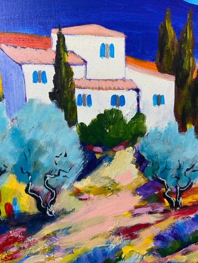 Grande dipinto olio su tela paesaggio provenzale Manosque firmato Claude Balta