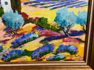 Grande dipinto olio su tela paesaggio provenzale Manosque firmato Claude Balta