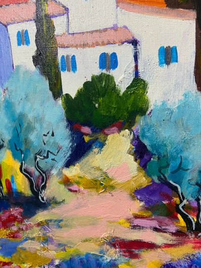 Grande dipinto olio su tela paesaggio provenzale Manosque firmato Claude Balta