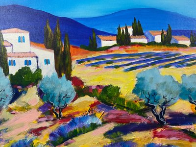 Grande dipinto olio su tela paesaggio provenzale Manosque firmato Claude Balta