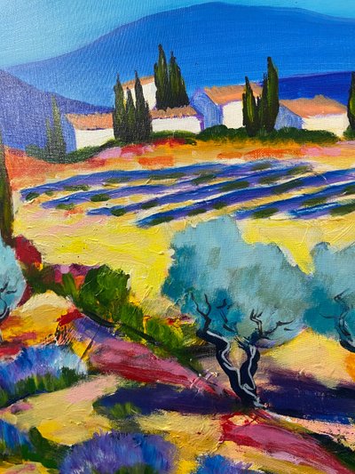 Grande dipinto olio su tela paesaggio provenzale Manosque firmato Claude Balta