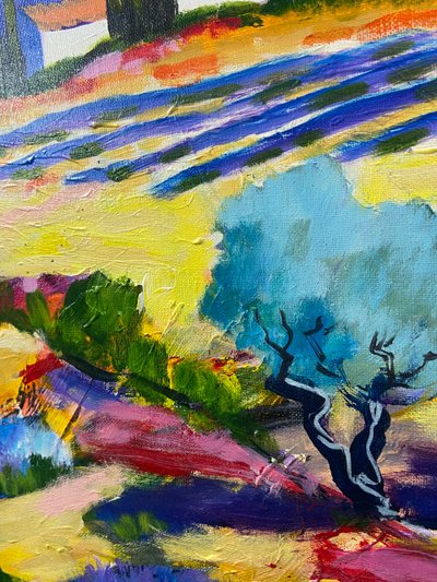 Grande dipinto olio su tela paesaggio provenzale Manosque firmato Claude Balta
