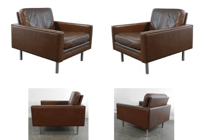 Paire De Fauteuils En Cuir Et Métal Chromé, Style Knoll , Circa 1970