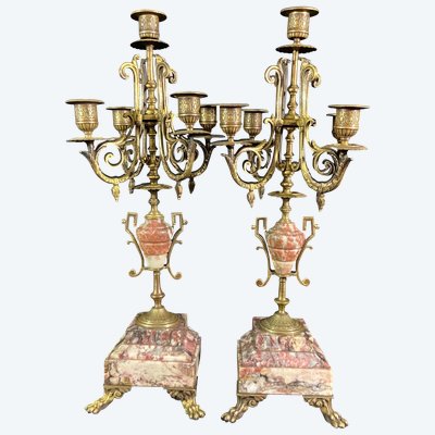 Pair of large bronze and marble candelabras 19th century Napoleon III