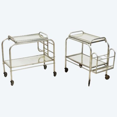 Deux Bar Roulants Art Deco En Aluminium Et Miroir Circa 1930