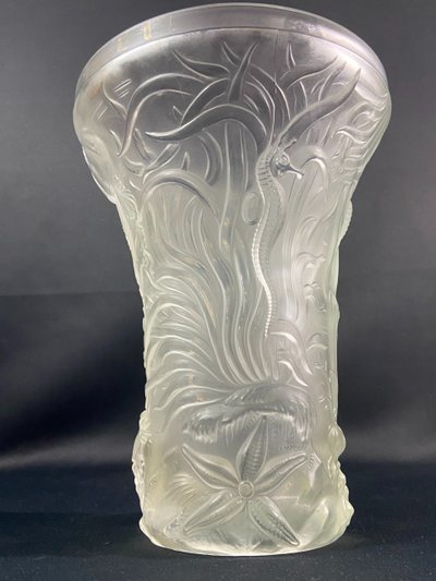 Large Josef Inwald Barolac 1936 Art Deco frosted glass vase, marine life decor