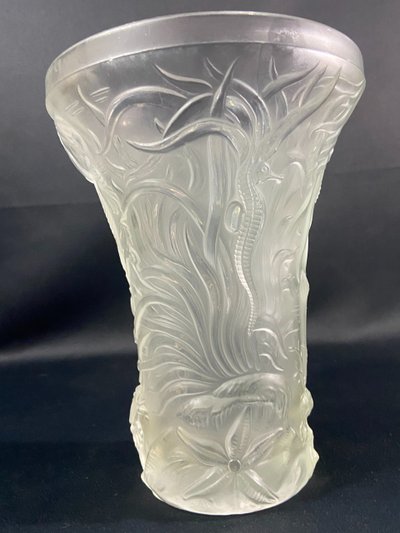 Large Josef Inwald Barolac 1936 Art Deco frosted glass vase, marine life decor