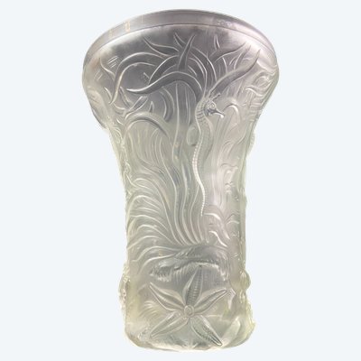Large Josef Inwald Barolac 1936 Art Deco frosted glass vase, marine life decor