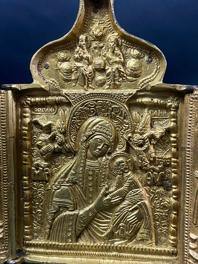 Russian travel icon Gilt bronze triptych 19th century Russia