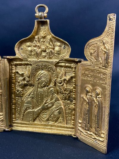 Russian travel icon Gilt bronze triptych 19th century Russia