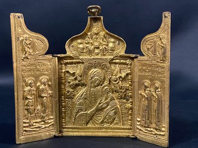 Russian travel icon Gilt bronze triptych 19th century Russia