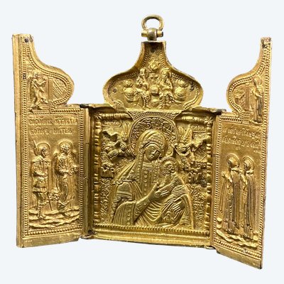 Russian travel icon Gilt bronze triptych 19th century Russia