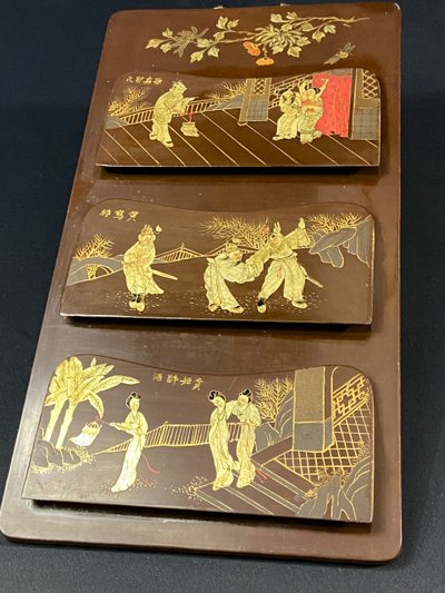 Mail sorter on 3 levels lacquered wood gilded decoration of characters Meiji Japan