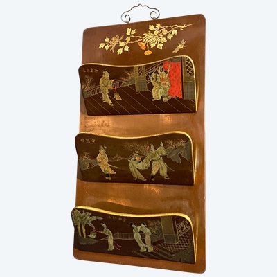 Mail sorter on 3 levels lacquered wood gilded decoration of characters Meiji Japan