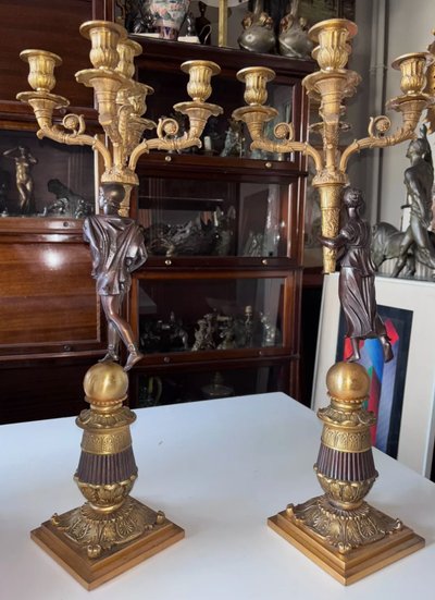 Pair of five-light bronze candelabra with double patina Empire or Restoration style